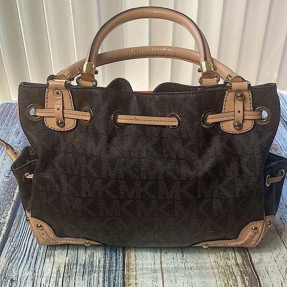 Michael Kors Brown Logo Canvas Satchel Tote with Leather Trim gold-tone hardware - Picture 2 of 16